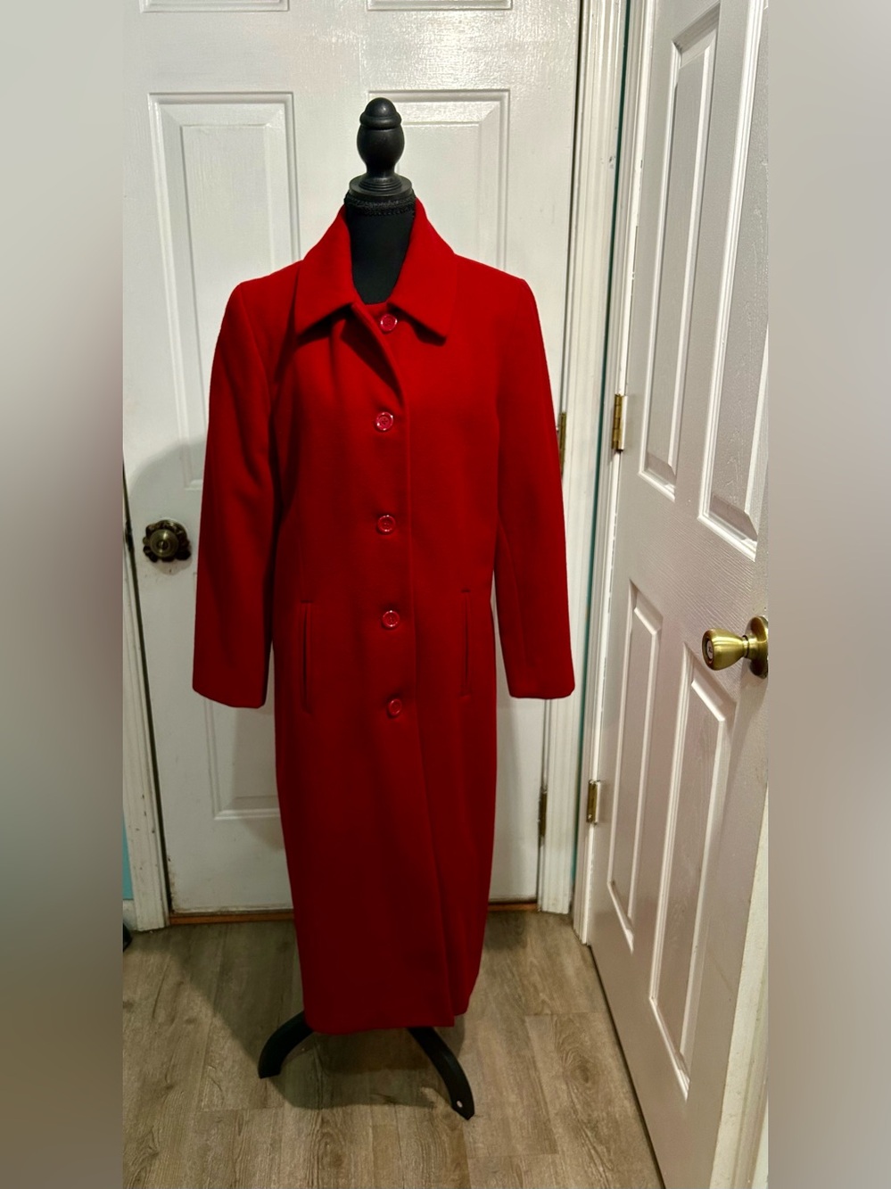 VTG Stephanie Andrews Red Wool Long Overcoat Trench Coat SZ 10P Button Front